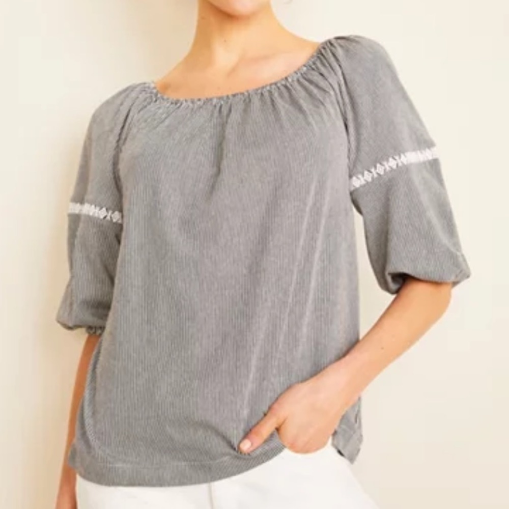 Ann Taylor Striped Lace Trim Lantern Sleeve Top M